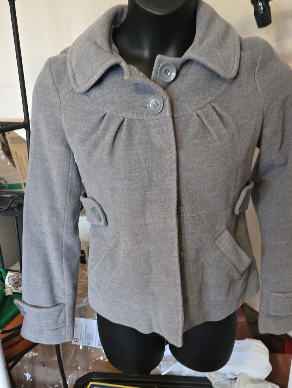 Tulle Grey Pleated Wool-Blend Peacoat